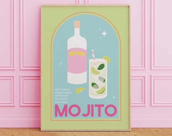 Mojito Cocktail Print Art Cute Pink Green Mojito Cocktail Bar Art Kitchen Wall Art