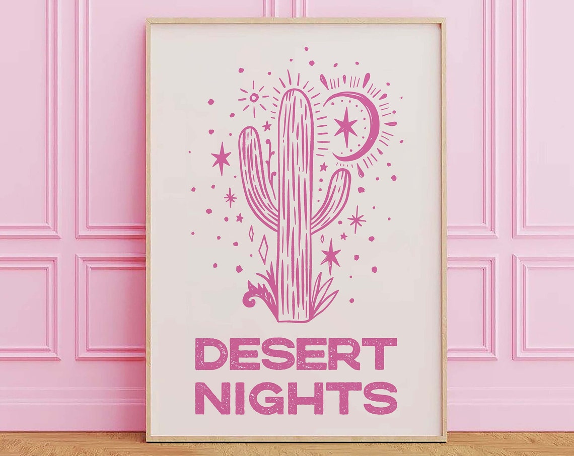 Desert Nights Pink Cactus Moon Retro Western Typography Wall Print