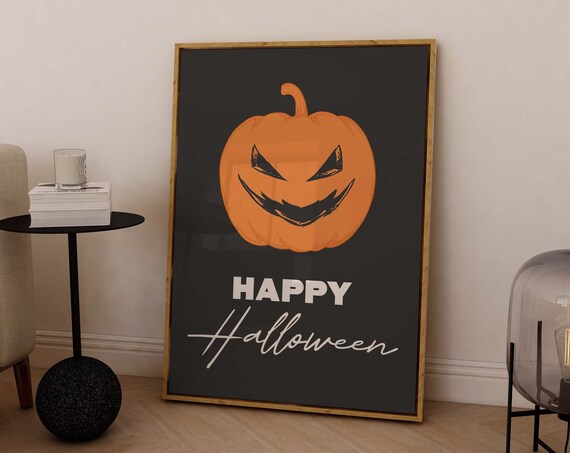 Happy Halloween Jack O Lantern Grinning Pumpkin Black Wall Art