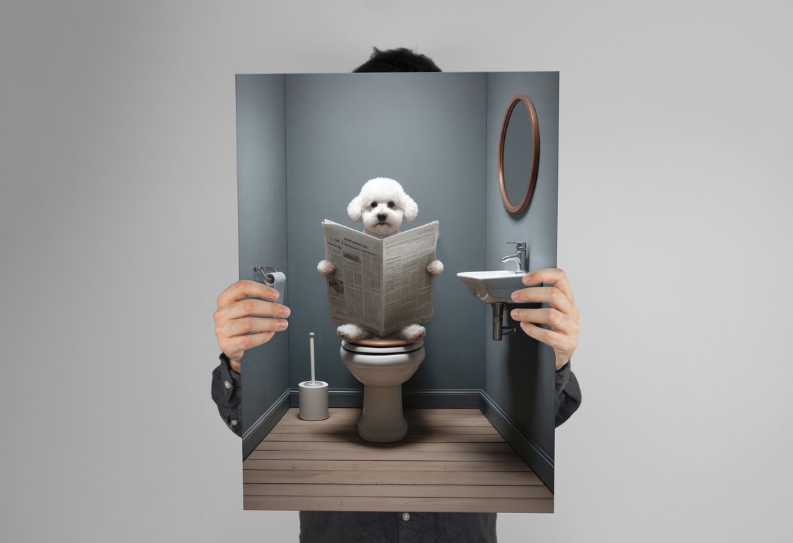 Bichon Frise Reading the Newspaper on the Toilet Funny Poster - Image 3