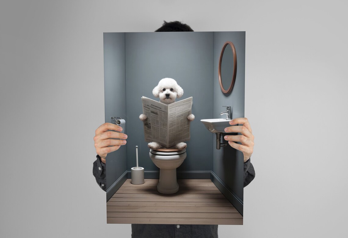 Photograph Of A Bichon Fris Reading The Newspaper On The Toilet Funny Bathroom Decor Bathroom Wall Art Wc Toilet Poster Gag Gift - Image 3
