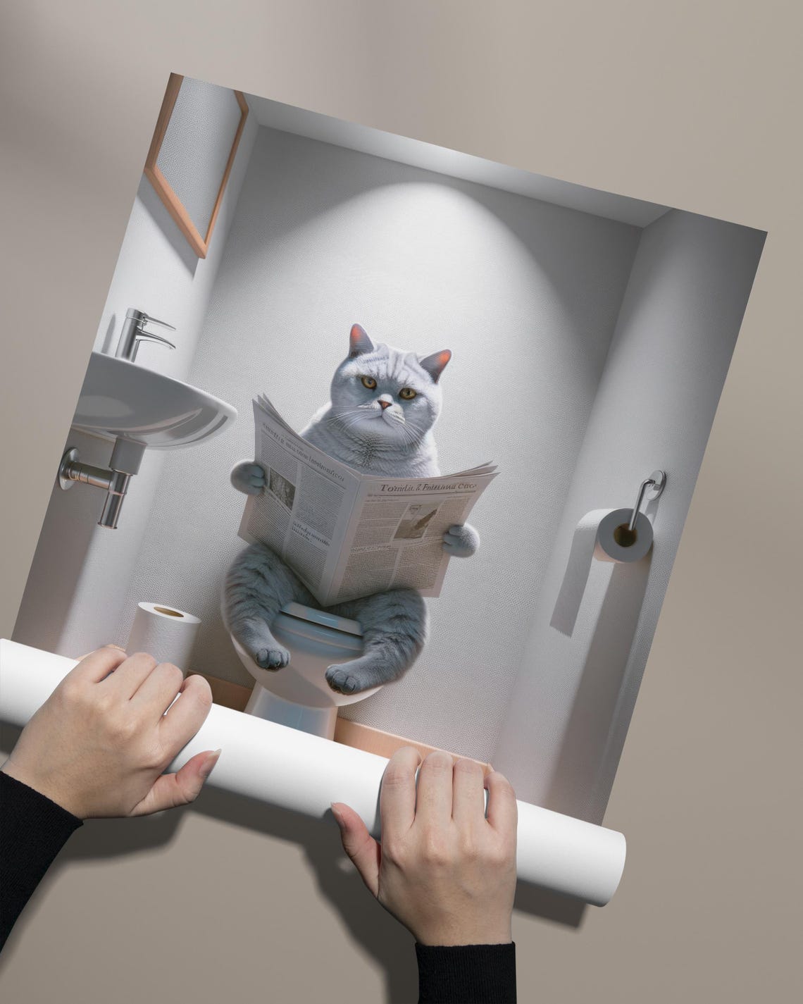 Silver British Shorthair Cat Reading Newspaper Funny Art Poster - Image 2