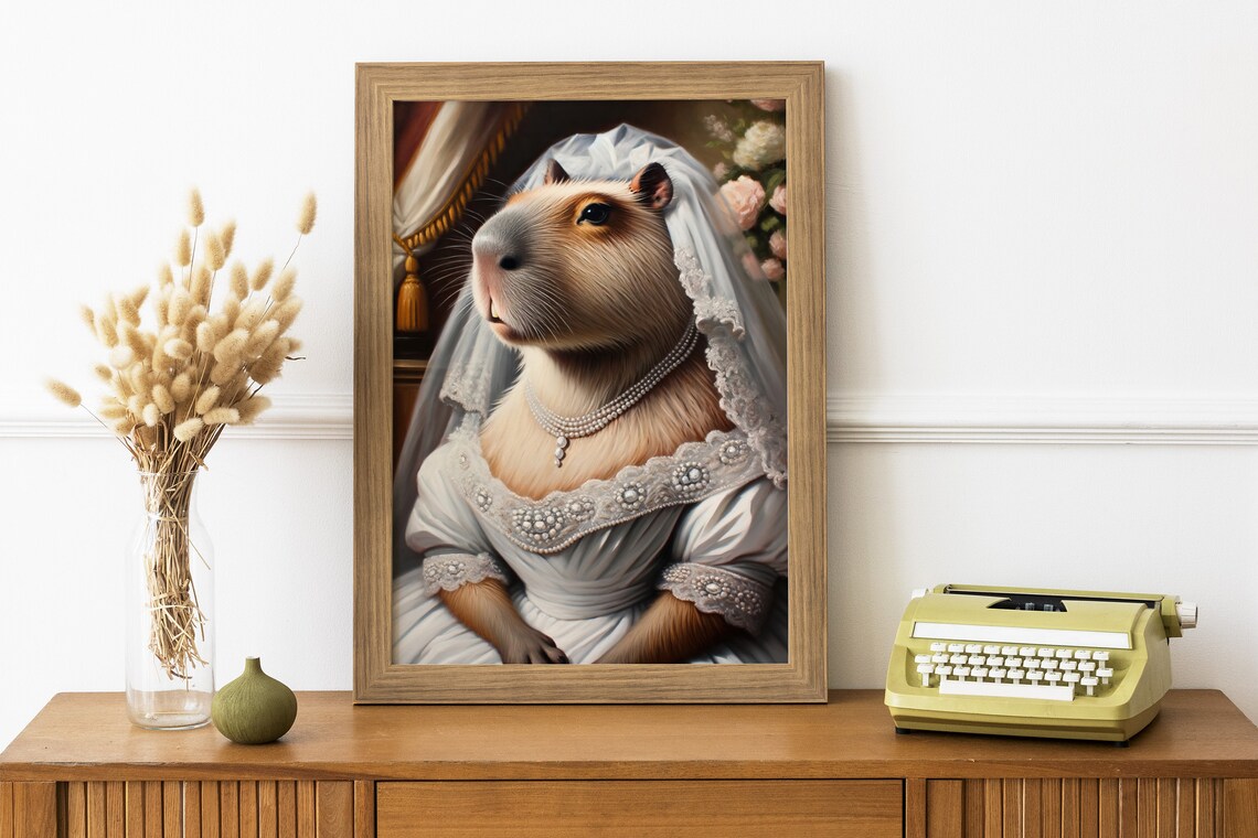 Capybara Bride with Pearl Necklace and Roses Romantic Animal Portrait Poster - Image 2