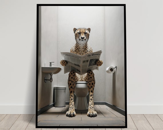 Photograph Of A Cheetah Reading The Newspaper On The Toilet Funny Bathroom Decor Bathroom Wall Art Wc Toilet Poster Unique Funny Gift