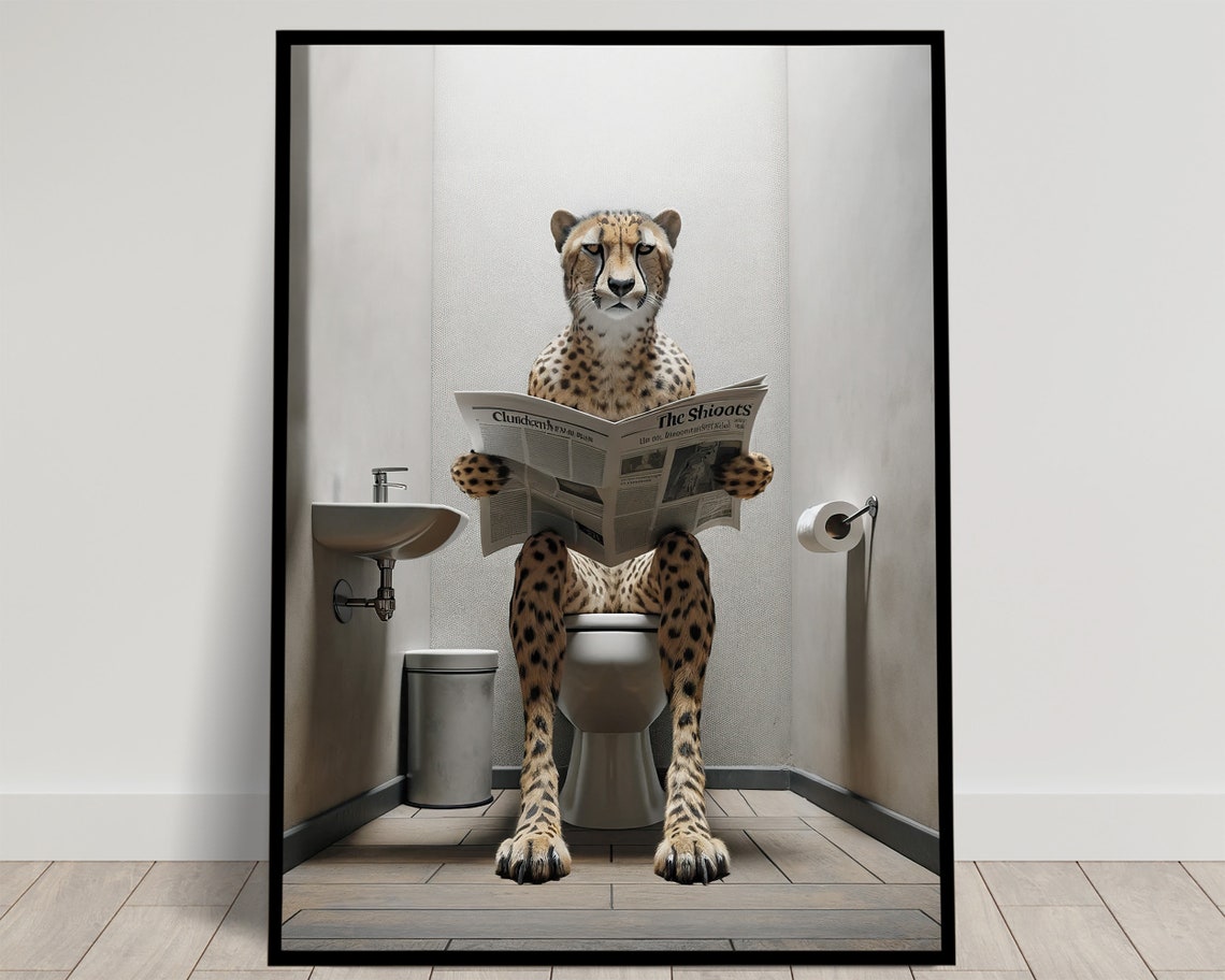 Cheetah Reading Newspaper While Sitting on the Toilet Funny Poster