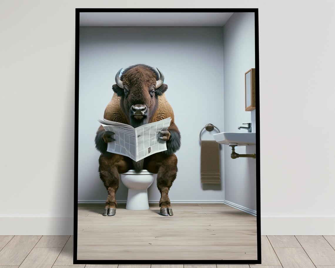 Bison Reading Newspaper, Funny Bathroom Poster
