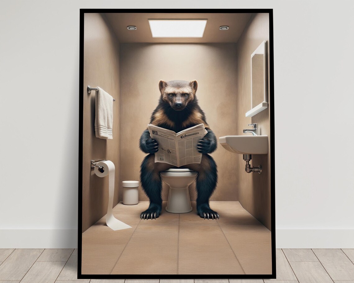 Wolverine Reading the Newspaper on the Toilet Funny Bathroom Poster