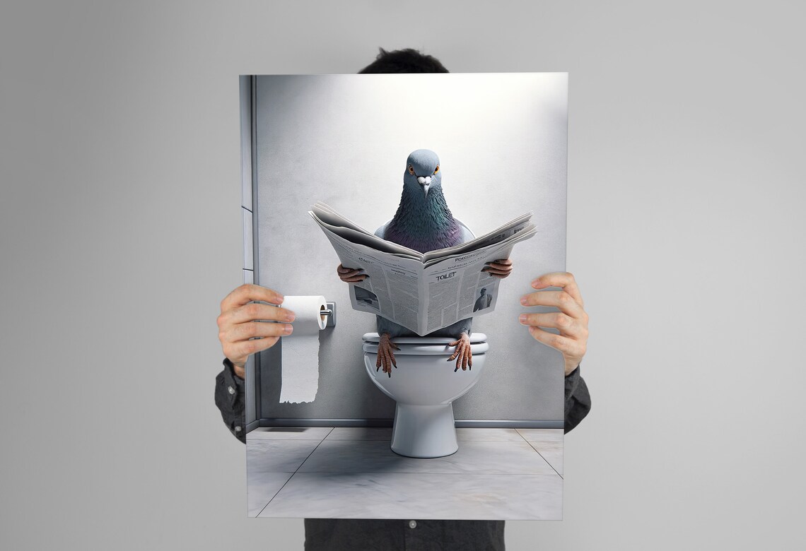 Funny Pigeon Reading Newspaper On Toilet Quirky Bathroom Bird Humor Poster - Image 3
