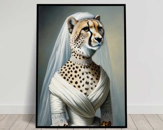 Portrait Of A Cheetah Wearing A Wedding Dress Animal Wall Decor Cheetah Mariage Poster Bride Wall Art Funny Frame Unique Gift