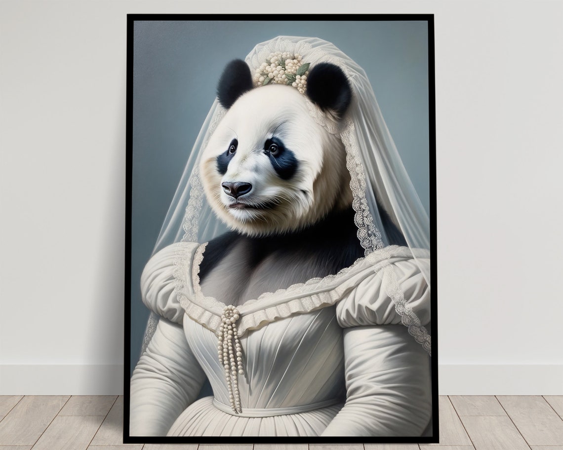 Giant Panda Bride in a Ruffled Wedding Gown with Pearl Tassels Poster