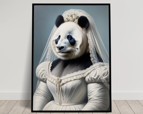 Portrait Of A Panda Wearing A Wedding Dress Animal Wall Decor Panda Mariage Poster Bride Wall Art Funny Frame Unique Gift