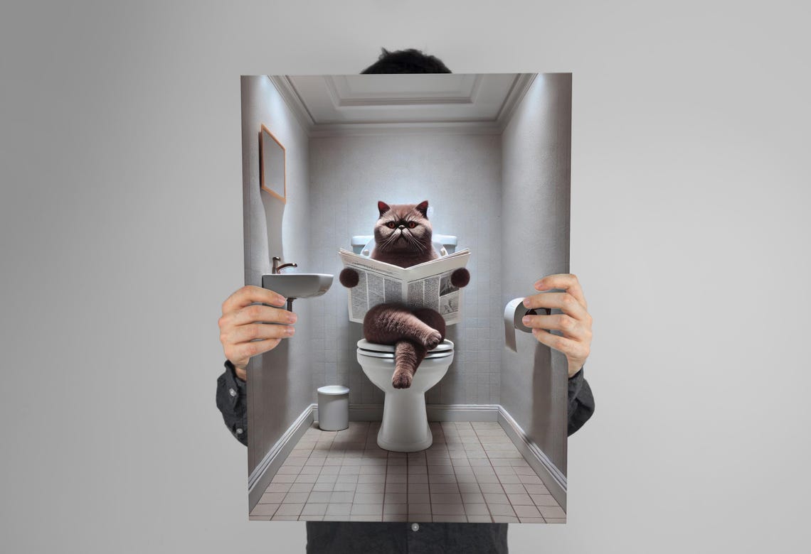 Chocolate Brown Cat Reading Newspaper On Toilet Funny Bathroom Poster - Image 3