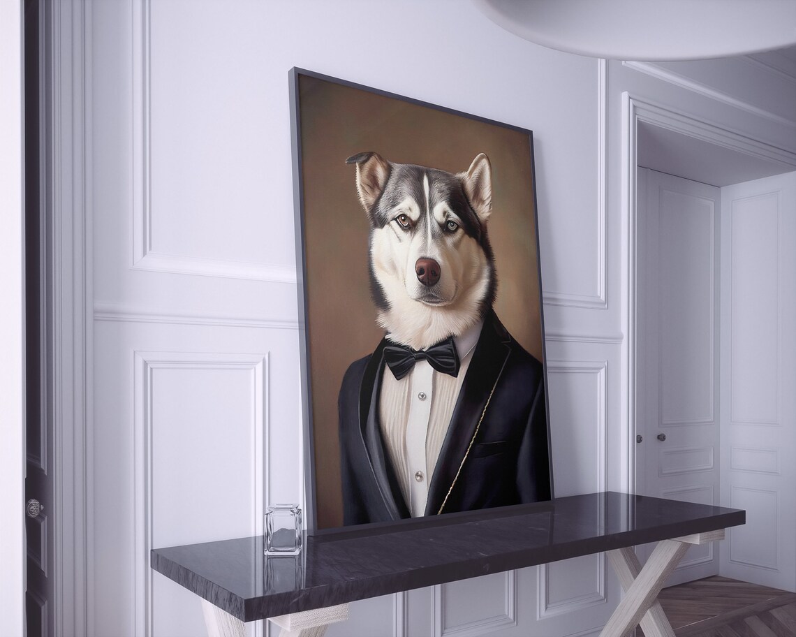 Portrait Of A Husky In A Tuxedo Art Print - Image 3