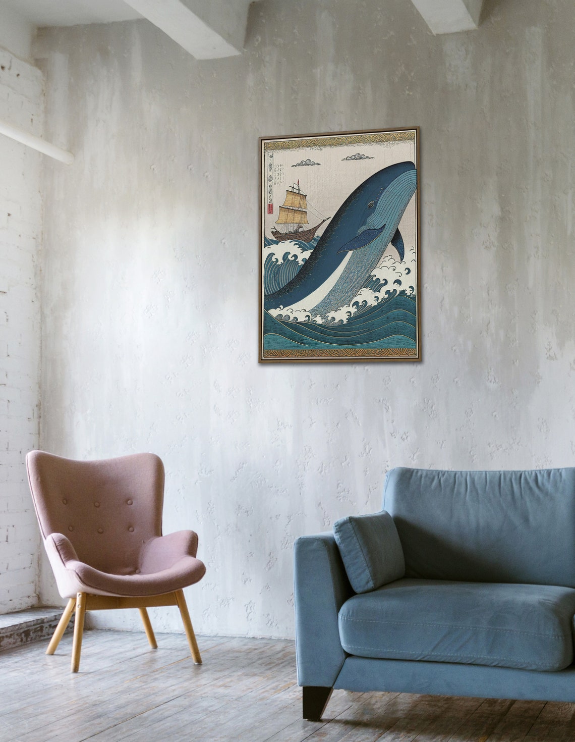 Giant Blue Whale Breaching Near Tall Ship Japanese Art Poster - Image 3