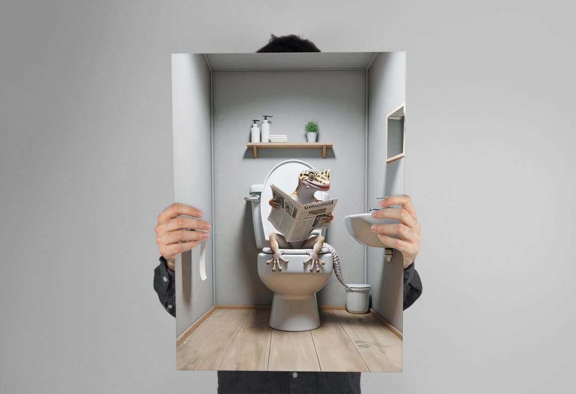 Gecko Reading Newspaper While Sitting on the Toilet Funny Poster - Image 3