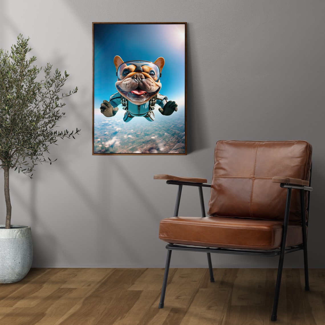 French Bulldog Skydiving In Teal Jumpsuit Funny Freefall Dog Poster - Image 3