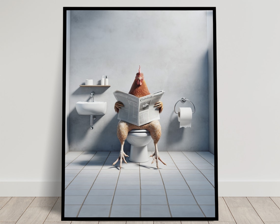 Chicken Reading The Newspaper On The Toilet Poster