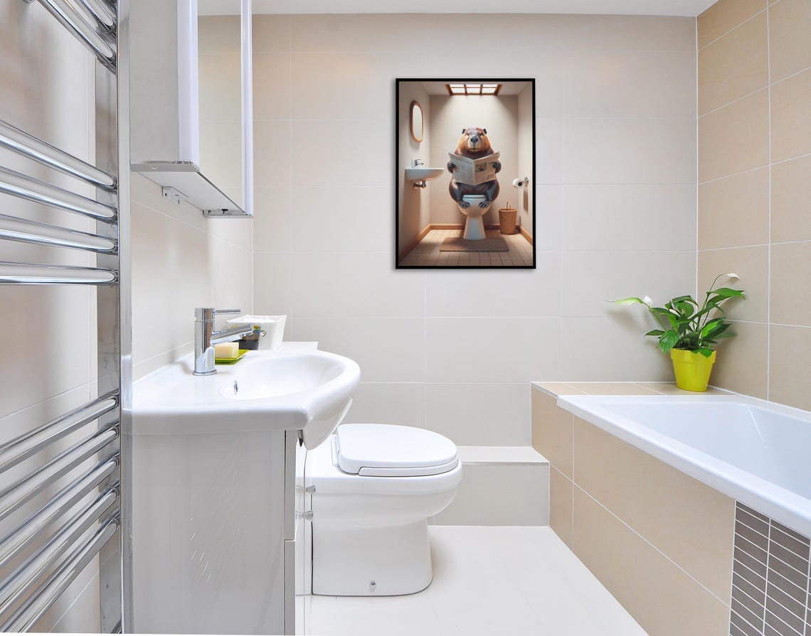 Beaver Reading the Newspaper on the Toilet Funny Bathroom Poster - Image 2