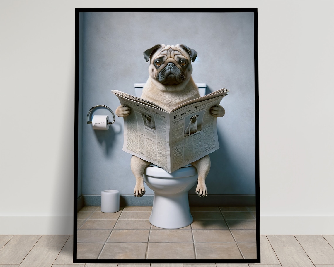 Pug Reading Newspaper on the Toilet, Funny Bathroom Art