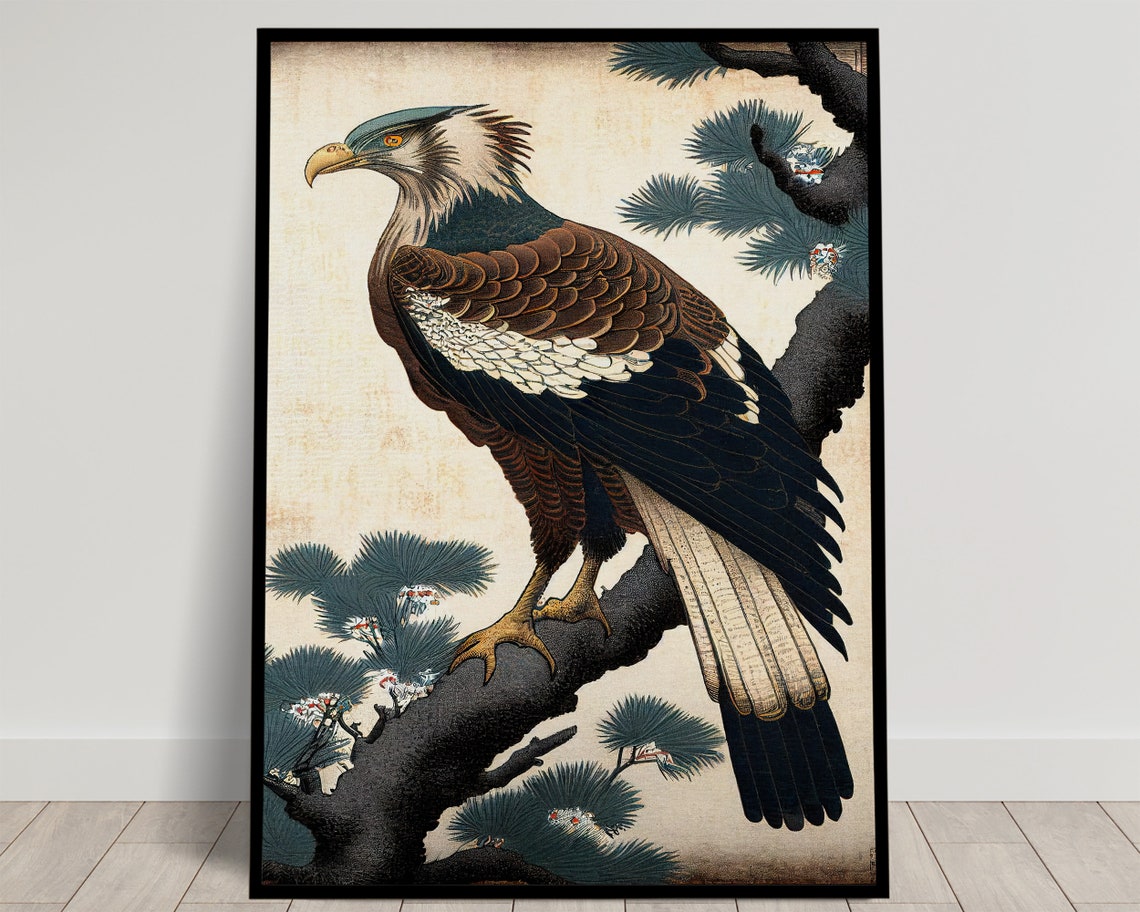 Majestic Eagle Perched On Pine Branch Japanese Artwork Poster