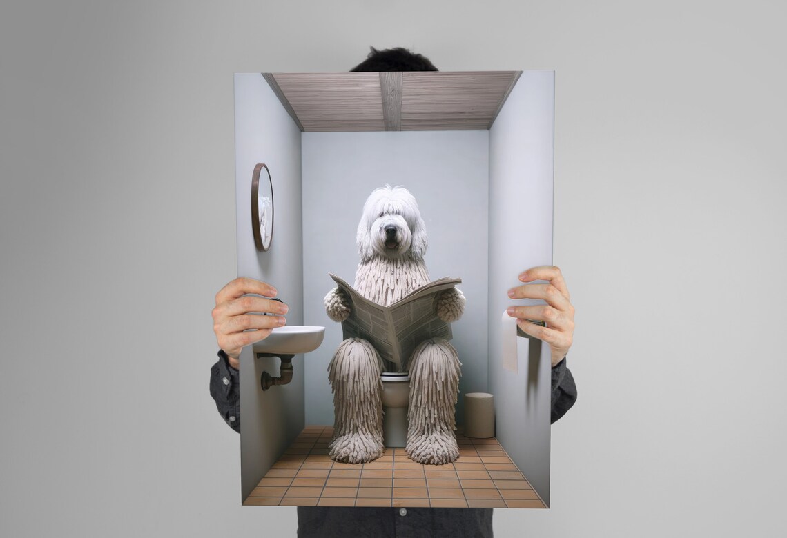Photograph Of A Komondor Dog Reading The Newspaper On The Toilet Funny Bathroom Decor Bathroom Wall Art Wc Toilet Poster Gag Gift - Image 3