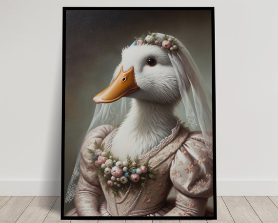 Portrait Of A Duck Wearing A Wedding Dress Animal Wall Decor Duck Mariage Poster Bride Wall Art Funny Frame Unique Gift
