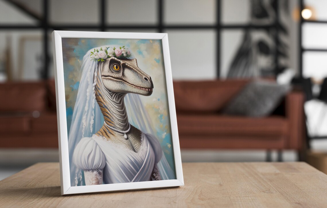 Velociraptor Bride in a Wedding Dress with a Rose Crown Dinosaur Poster - Image 4