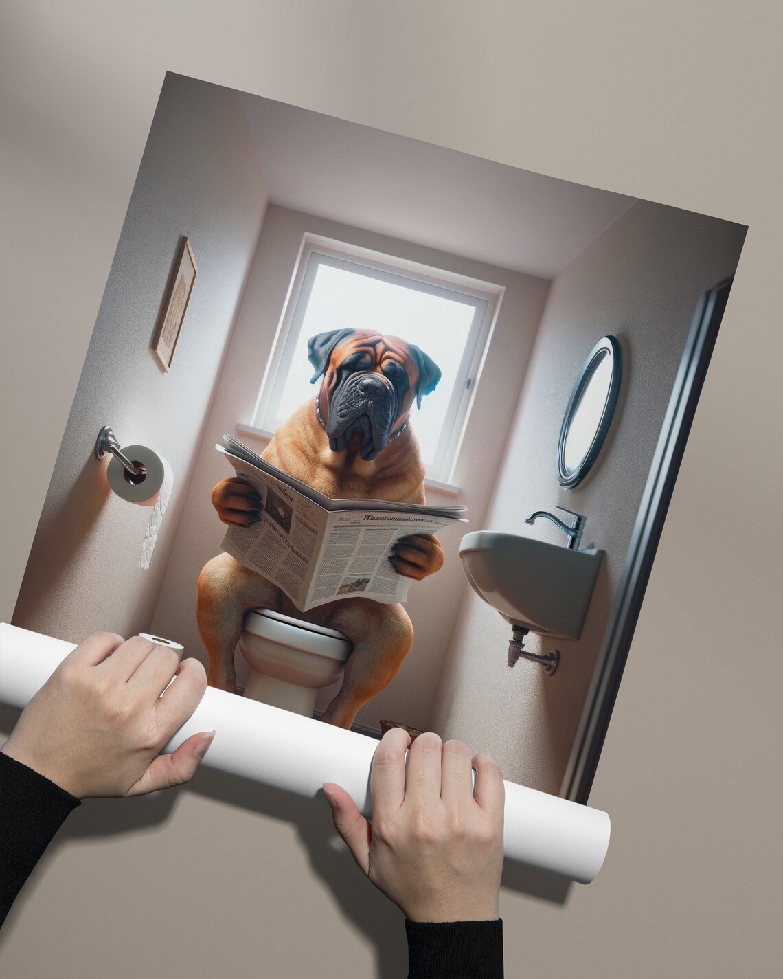 Bullmastiff Reading the Newspaper, Funny Bathroom Poster - Image 2