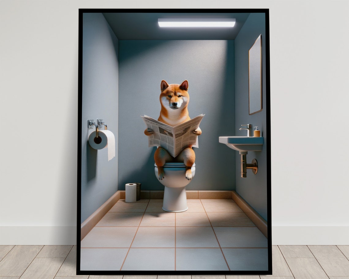 Photograph Of A Shiba Inu Dog Reading The Newspaper On The Toilet Funny Bathroom Decor Bathroom Wall Art Wc Toilet Poster Gag Gift