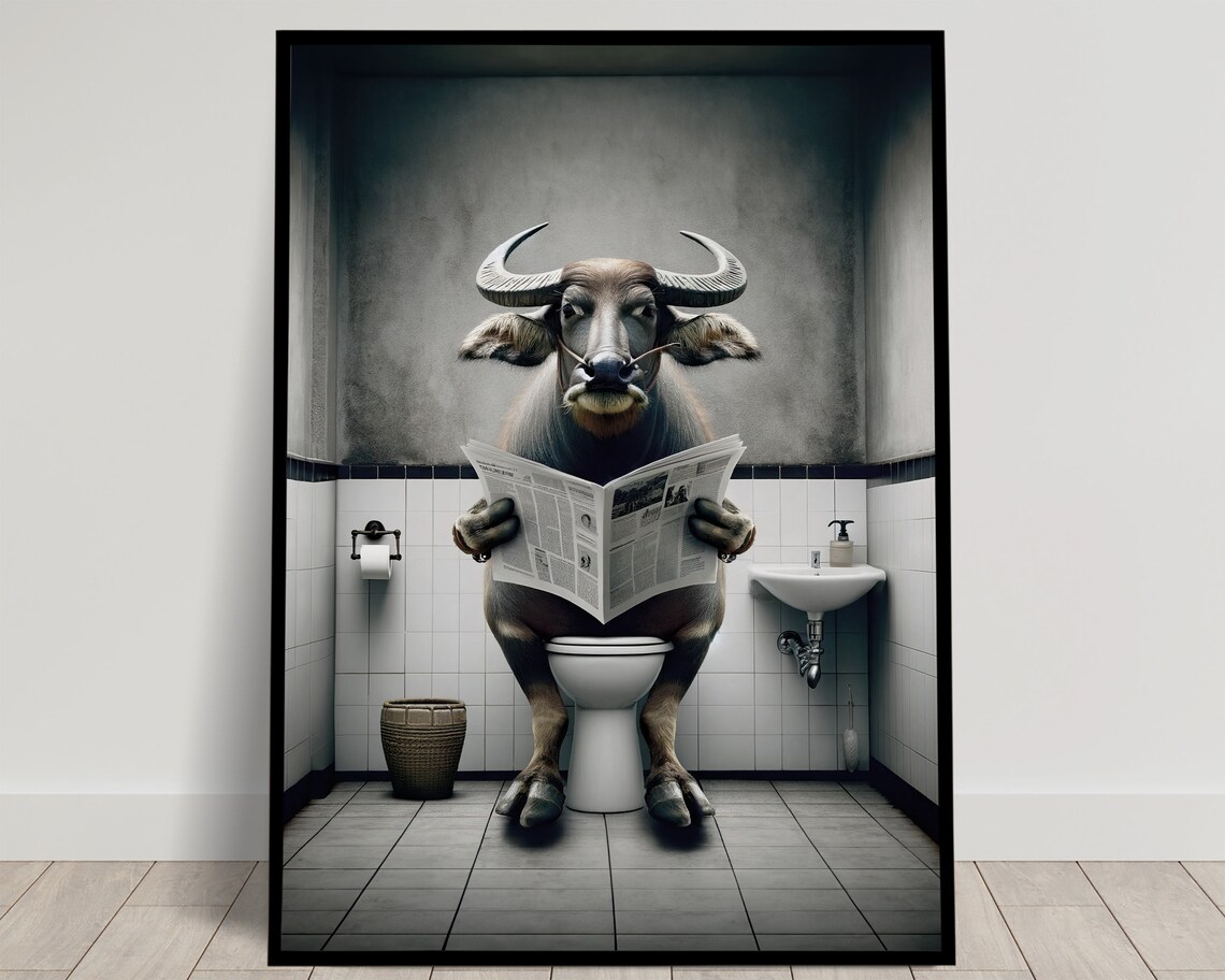 Water Buffalo Reading Newspaper on the Toilet Funny Bathroom Poster
