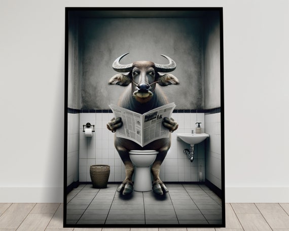 Photograph Of A Buffalo Reading The Newspaper On The Toilet Funny Bathroom Decor Bathroom Wall Art Wc Toilet Poster Unique Funny Gift