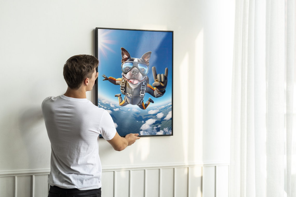 Boston Terrier Skydiving Rock On Sign Epic Freefall Dog Poster - Image 2