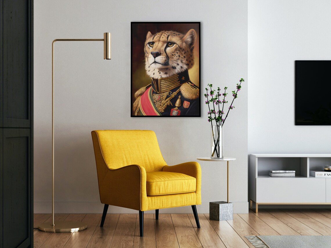 Portrait Of A Cheetah In Military Uniform Art Print - Image 4
