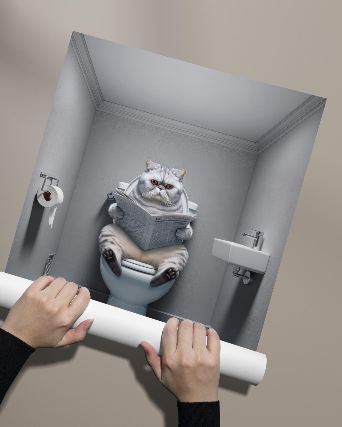 Silver Shaded Cat Reading Newspaper On The Toilet Funny Bathroom Poster - Image 2