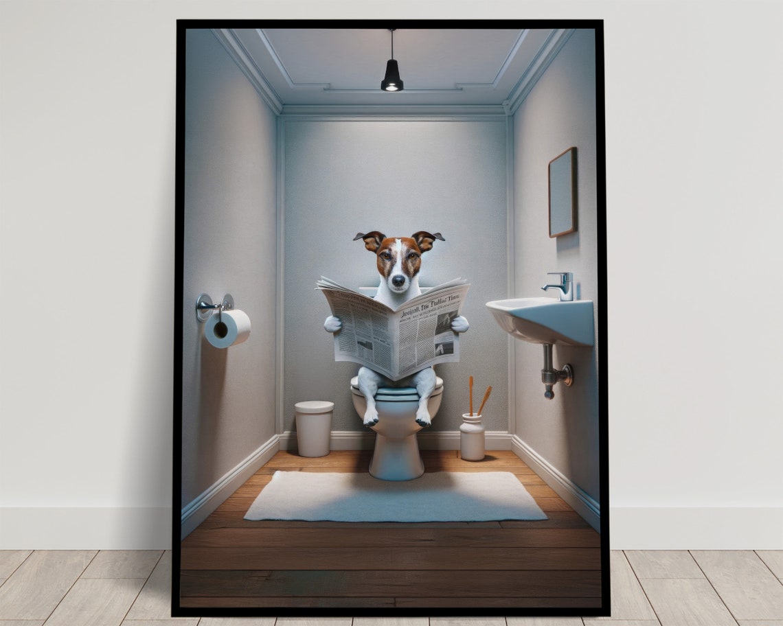 Funny Jack Russell Terrier Reading Newspaper On Toilet Bathroom Poster