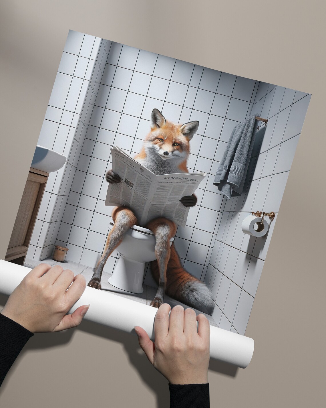 Fox Reading Newspaper Bathroom Poster, Funny Decor - Image 2