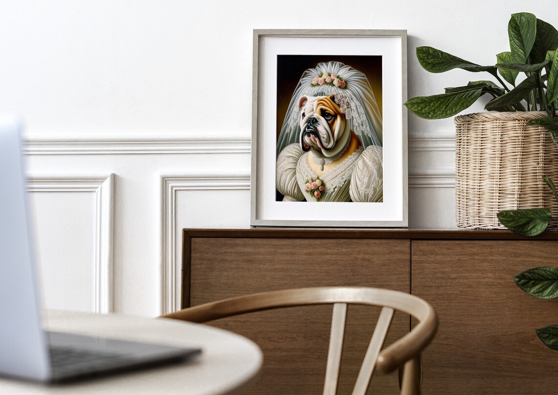 English Bulldog Bride in Wedding Gown Veil and Rose Bouquet Poster - Image 3