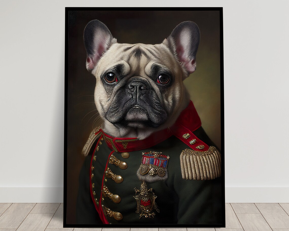 Portrait Of A French Bulldog In Military Uniform Animal Wall Decoration Dog Poster Wall Poster To Frame