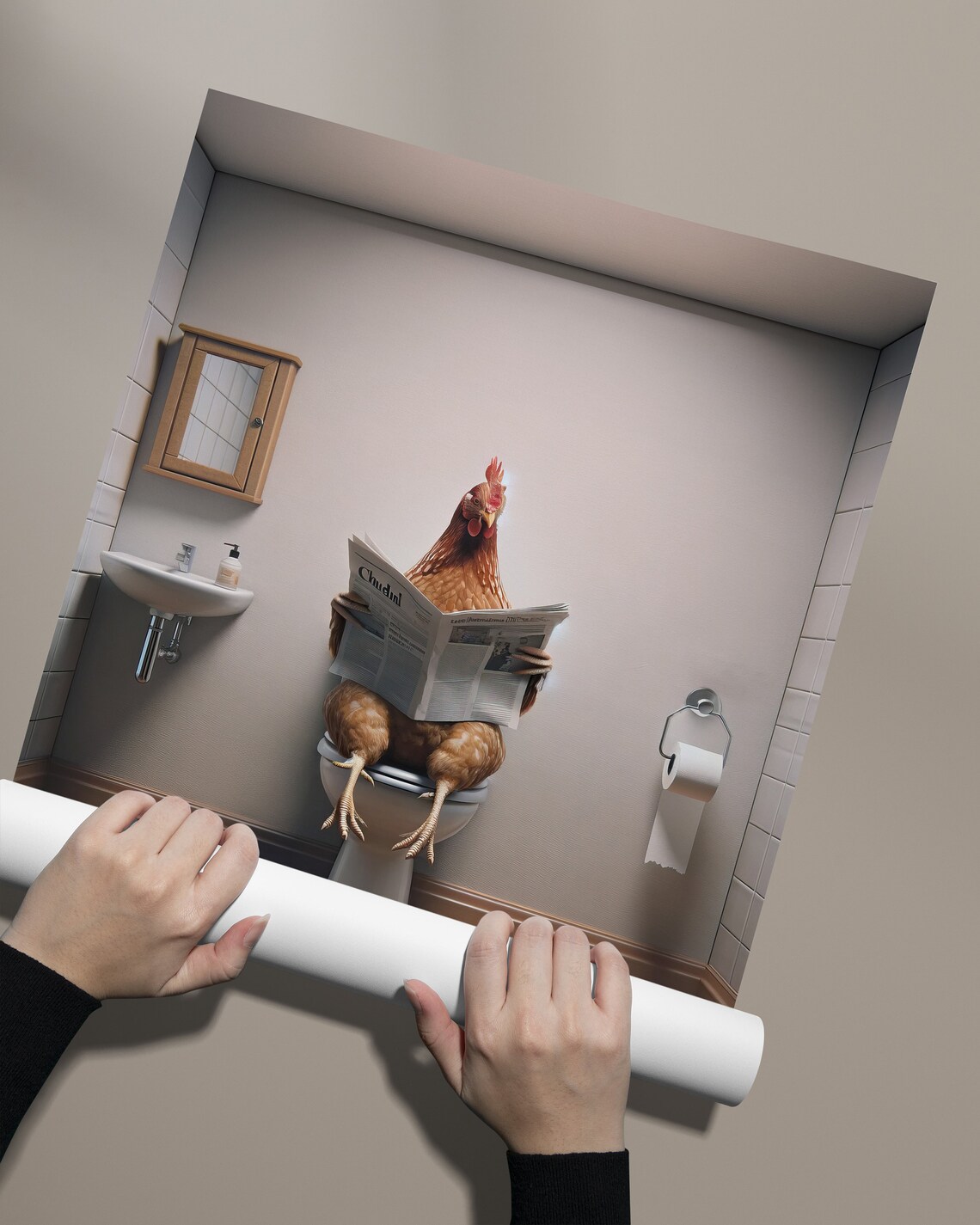 Funny Hen Reading Newspaper On Toilet Farmhouse Bathroom Humor Poster - Image 2