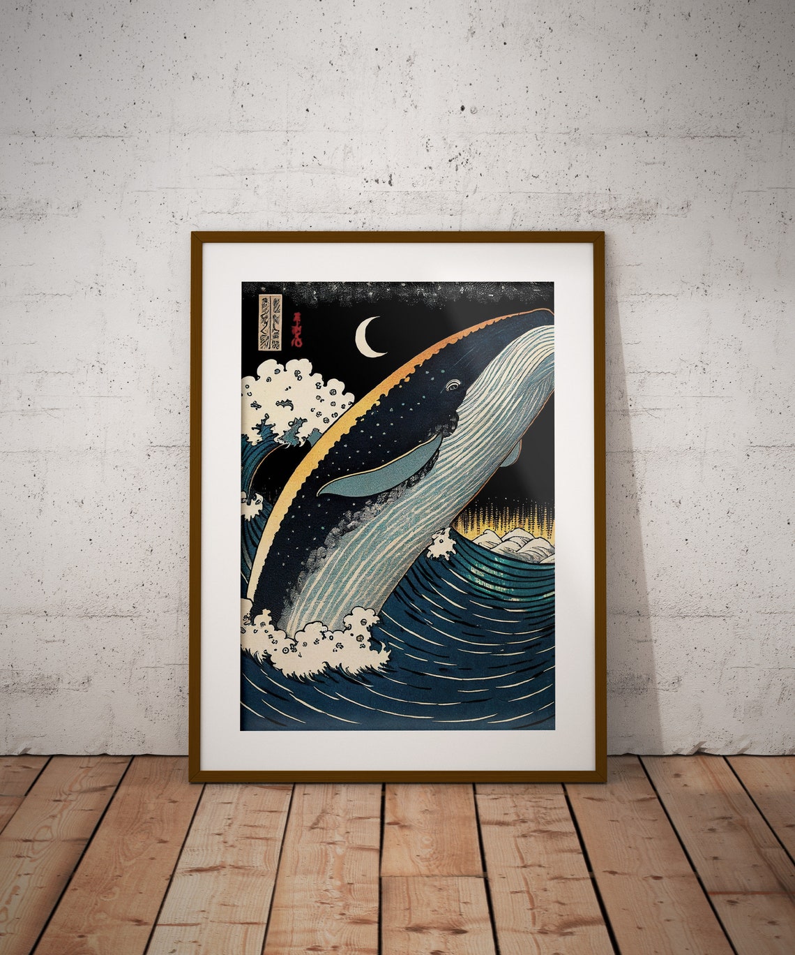 Whale Breaching at Night Under Crescent Moon Ukiyo E Japanese Poster - Image 2