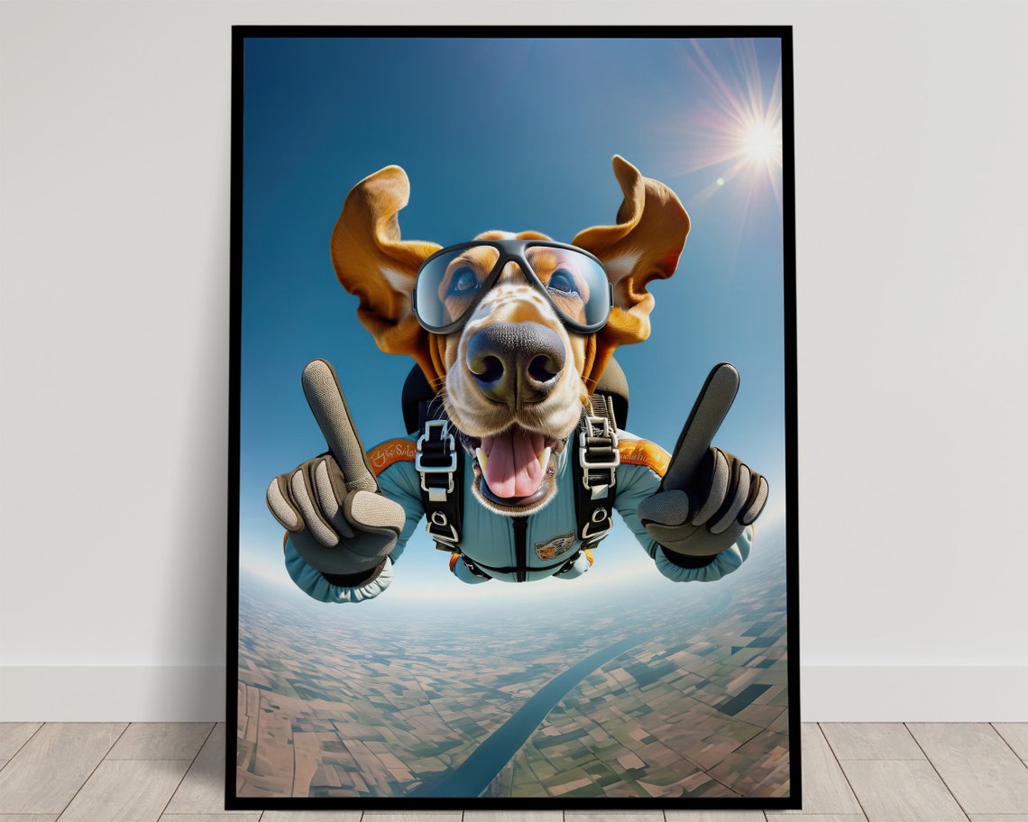 Photograph Of A Skydiving Basset Hound Epic Wall Art Animal Print Free Fall Dog Poster Children Bedroom Decor Unique Dog Lover Gift