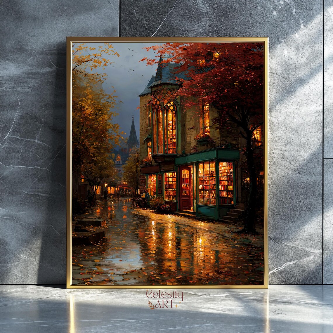 Cozy Bookstore Fall Cityscape, Romantic Street Art Print