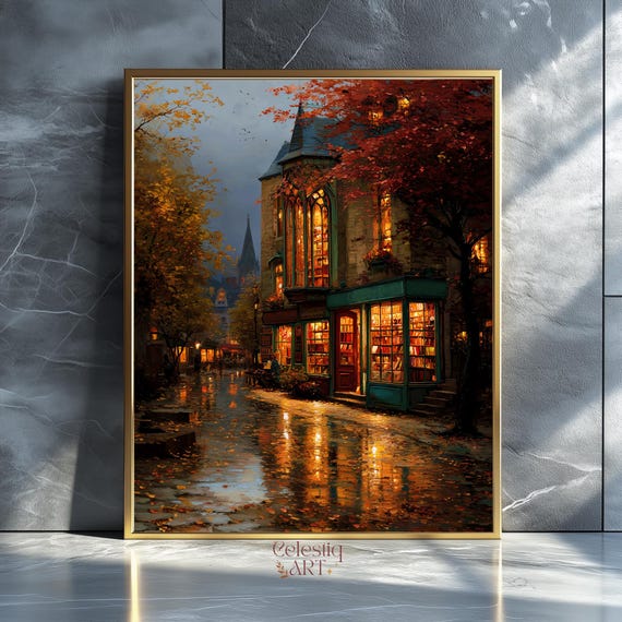 Cozy Bookstore Fall Cityscape, Romantic Street Art Print