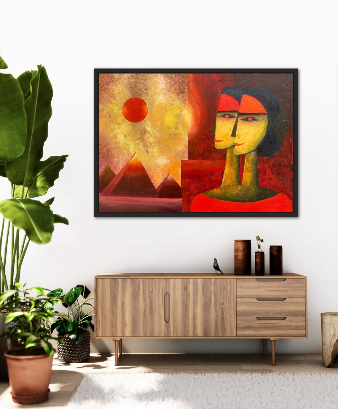 Mystic Red Sun Over Pyramids Abstract Desert Faces Painting Poster - Image 2