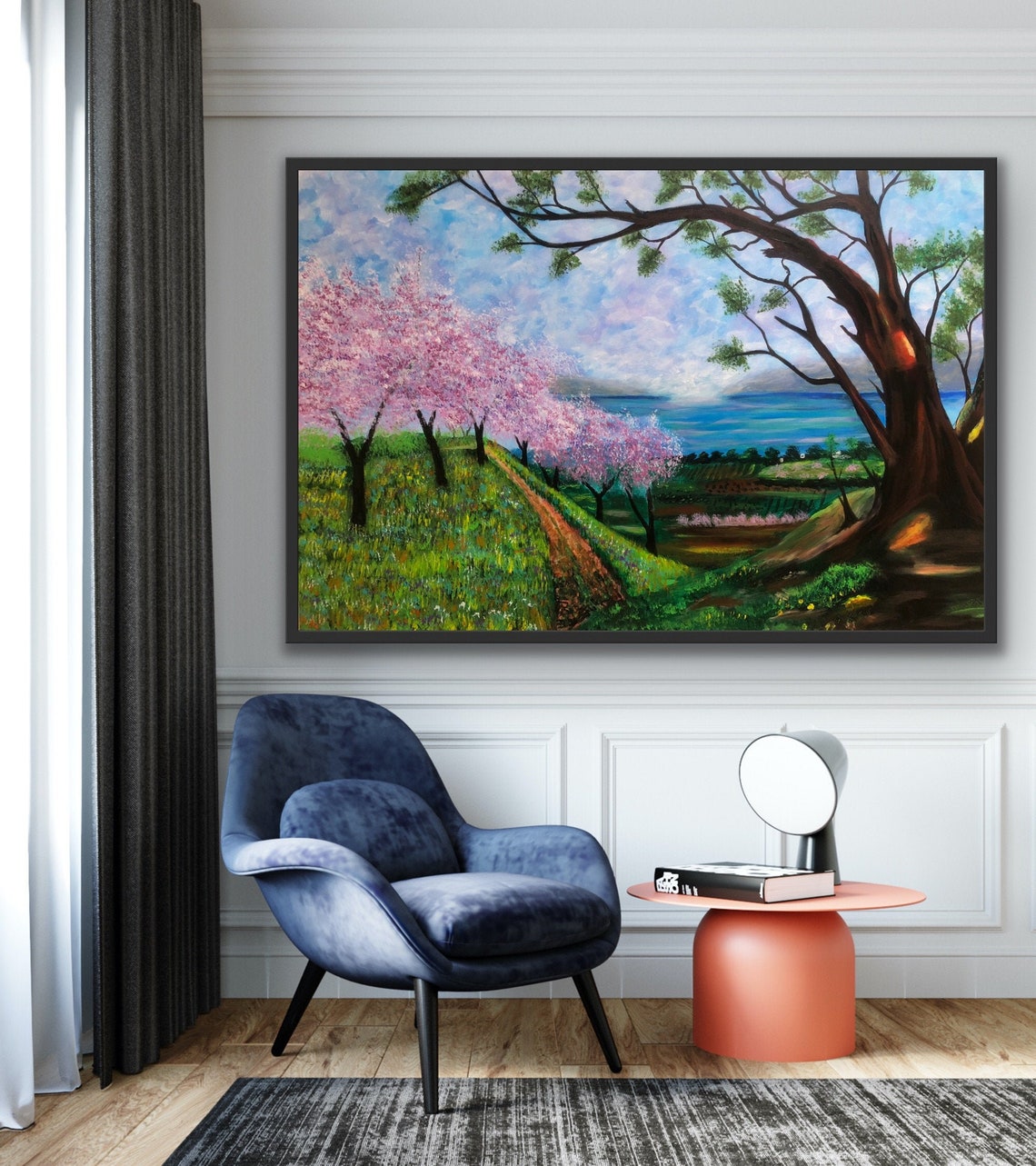 Pink Cherry Blossom Hill Spring Lake Landscape Painting Poster