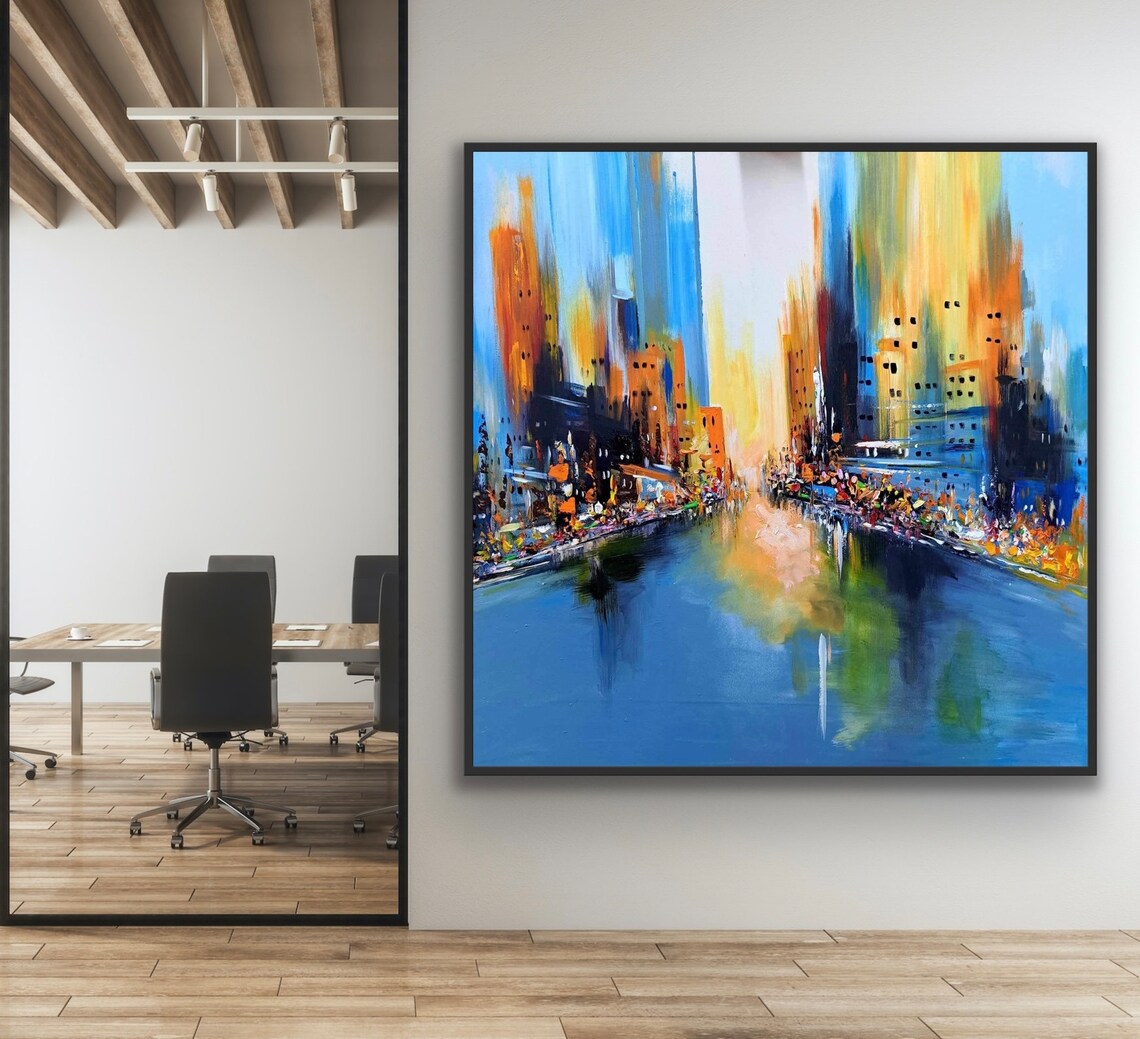 Abstract Blue City Canal Square Modern Cityscape Oil Painting Poster - Image 4