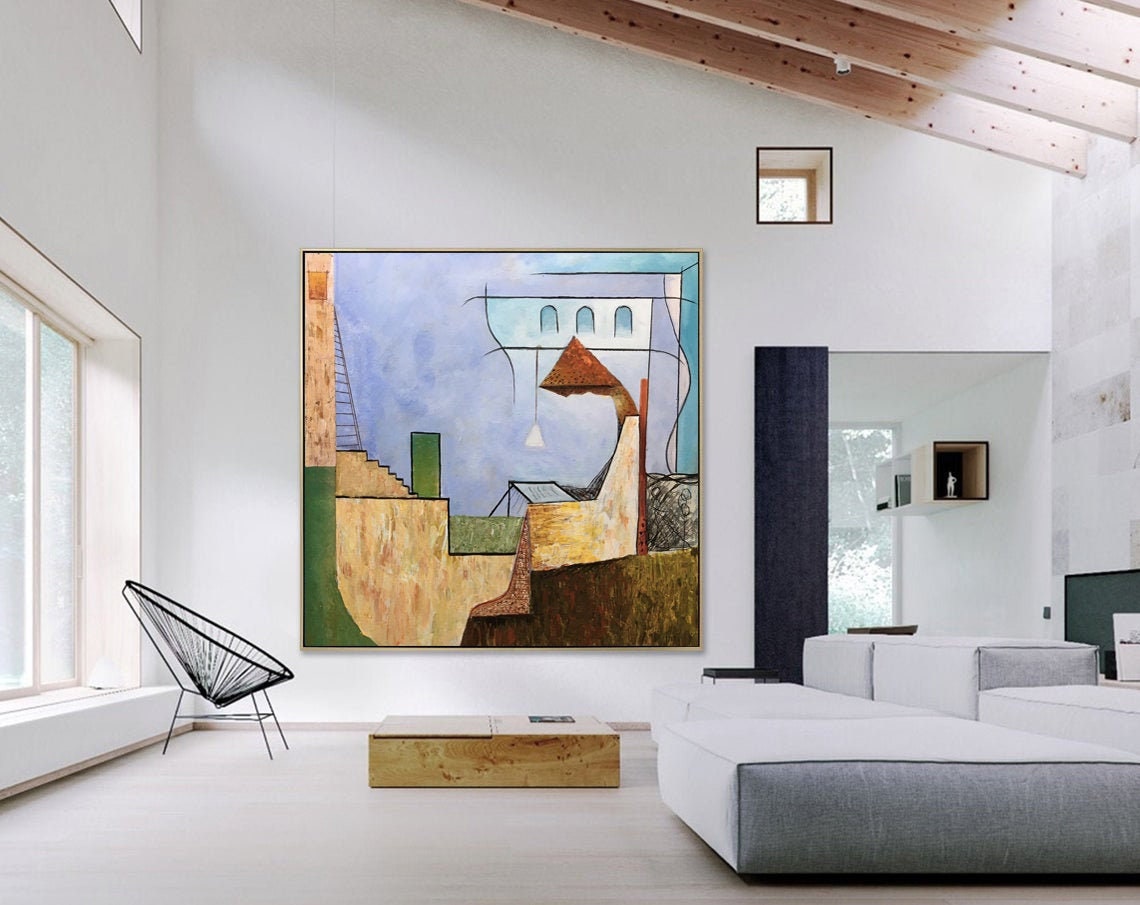 Modern Cubist Building with Arches and Ladder Abstract Art Poster