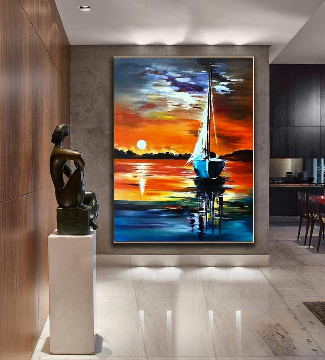 Fiery Sunset Sailboat Ocean Painting Orange Sea Dramatic Sky Poster