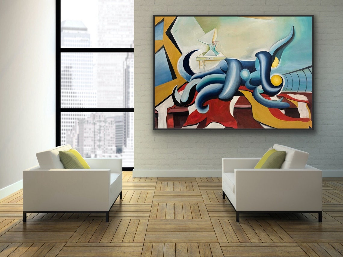 Surreal Blue Octopus Abstract Forms Yellow Red Ocean Art Poster