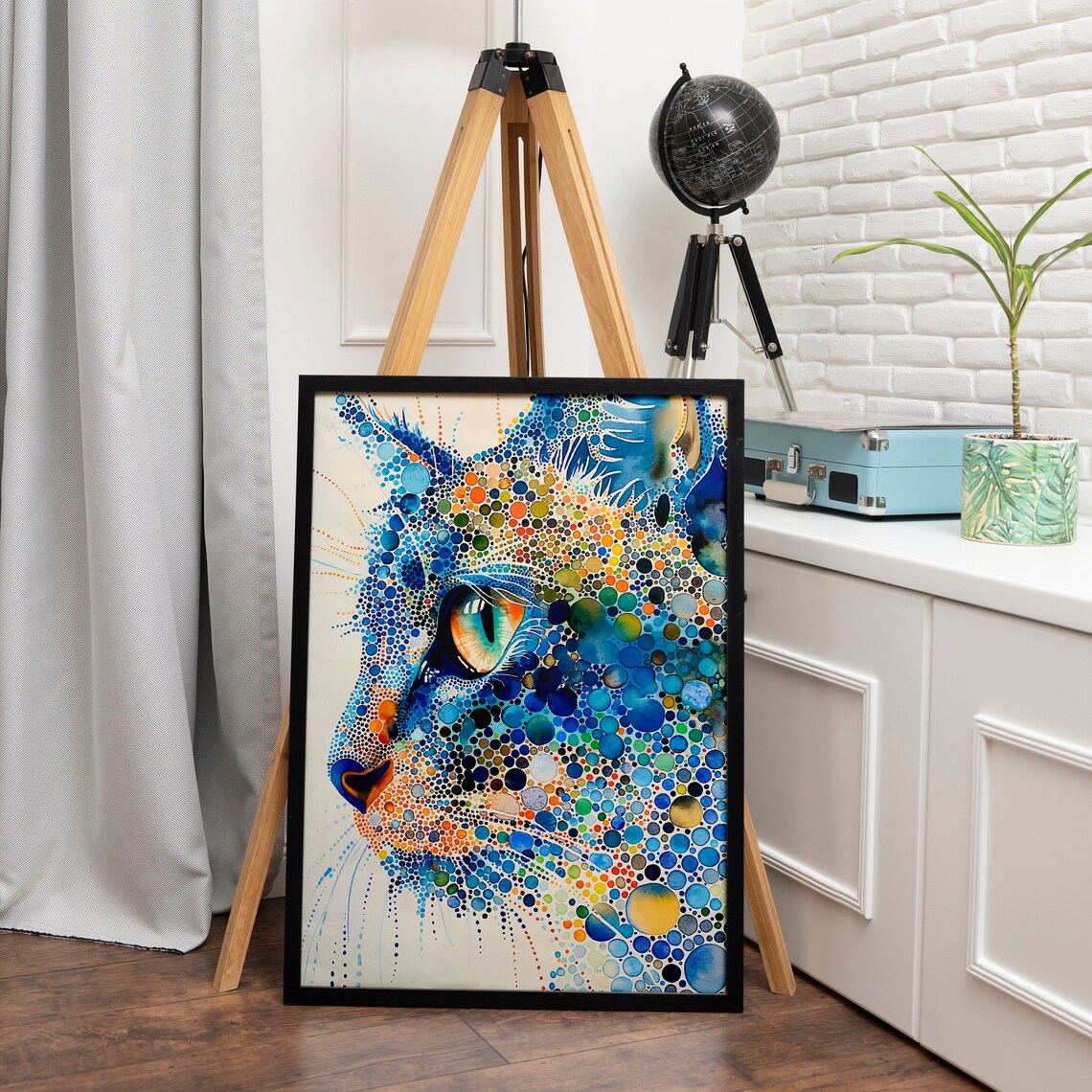 Pointillist Cat Profile in Blue Dots Abstract Style Art Poster - Image 3